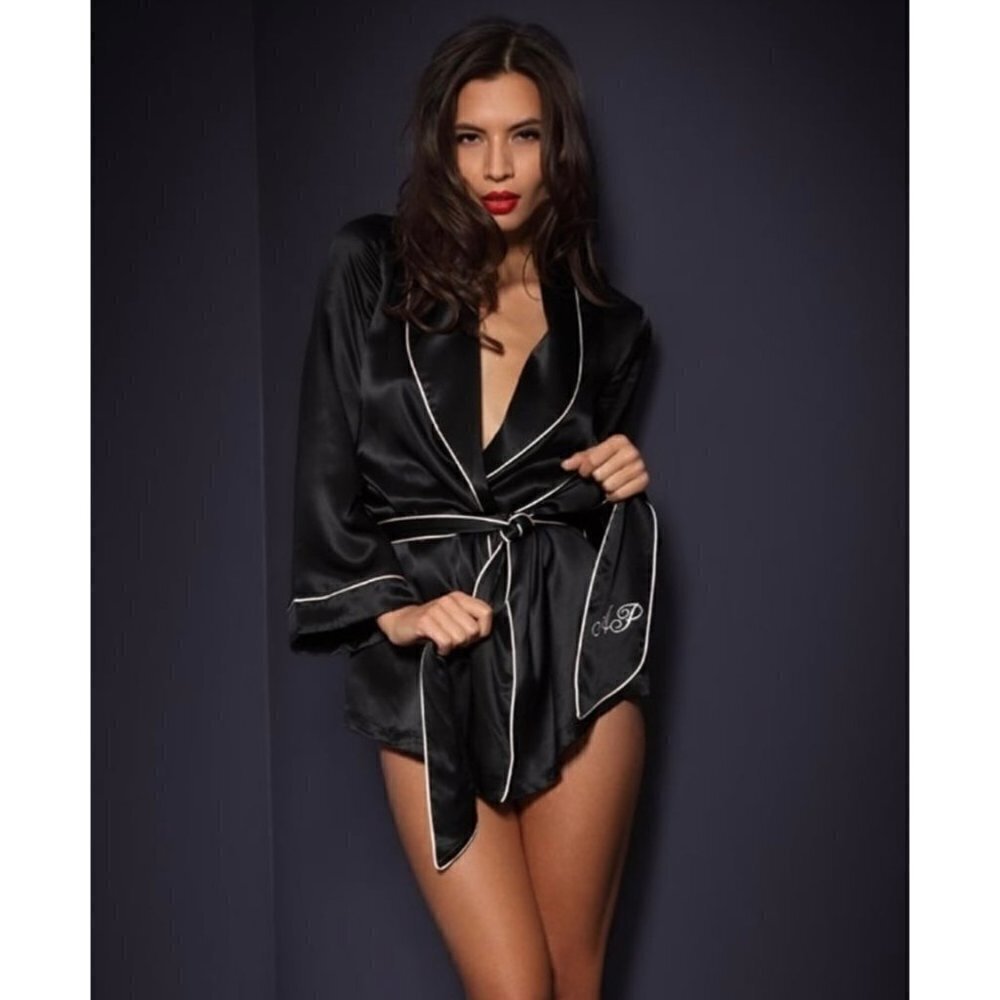 Agent Provocateur Silk Contrast Piping Classic Long Sleeve Pajama Robe Black Siz